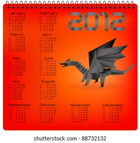 Calendario Para 2012 Con El Dragón Origami. Ilustración vectorial