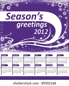 Calendar 2012. Season's greetings. Blue wave background with snow border