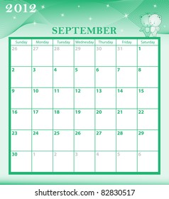 Calendar 2012 September month with large date boxes. Cartoon characters and patterned background. Raster also available.