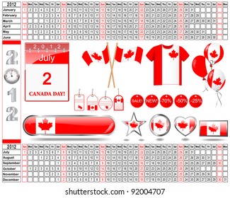 Calendar of 2012 with set of icons and buttons for holiday Canada National Day. 10EPS. Vector.
