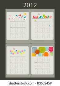 calendario 2012. Tres meses por página, diseñar flores y aves