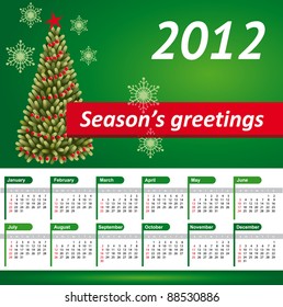 Calendario 2012. Fondo verde vector con árbol de navidad, copos de nieve y cinta de saludo de temporada roja