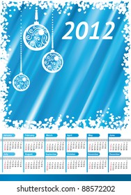 Calendar 2012. Vector shine blue background with christmas balls and snow frame