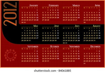 Calendar for 2012. Week starts on Monday. Easy to edit. Space for text or logo.