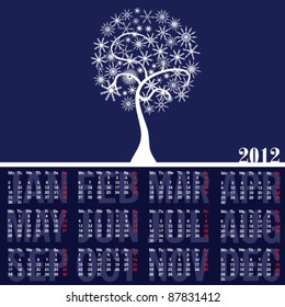 calendar 2012 with white tree and snowflake art illustration