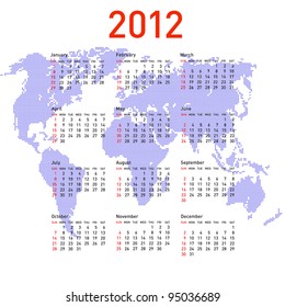calendar 2012 with world map. Sundays first. Rasterized version also available in portfolio.