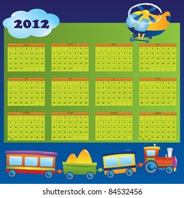 Calendar 2012 year for children. First day of week beginning on Sunday. Vector illustration.