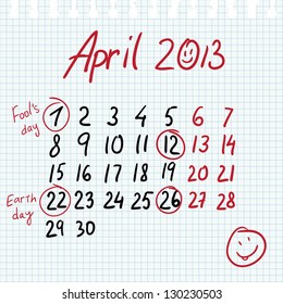 Calendar 2013 april in sketch style on notebook sheet with marked earth day and fools' day