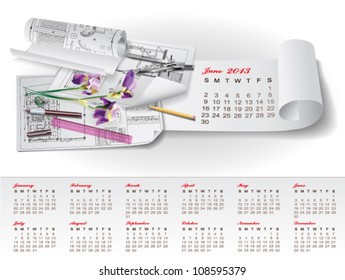 Calendar for 2013 with architectural design elements