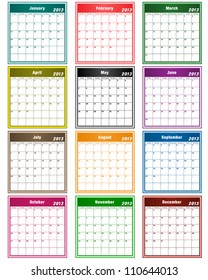 Calendar 2013 in assorted colors with large date boxes. Each month a different color. Raster version also available.