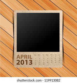 Calendar 2013, blank photo on wooden background. Vector template design