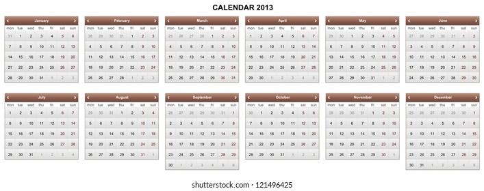 Calendar 2013. Executed in brown.