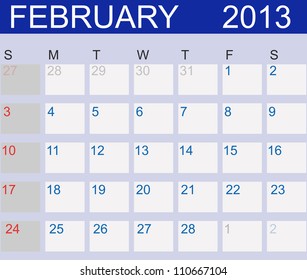 Calendar 2013. February. Vector Illustration