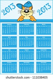 Calendar 2013 full year with cat cartoon character wearing baseball cap. Raster version also available.