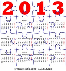 calendar for 2013,  jigsaw puzzle. Vector Illustration.
