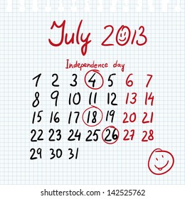 Calendar 2013 july in sketch style on notebook sheet with marked independence dat