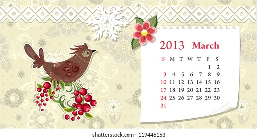 Calendar for 2013, march
