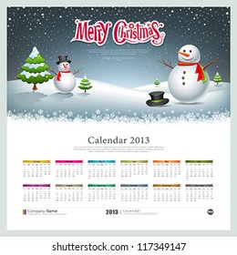 Calendar 2013, Merry christmas and snowman background, vector illustration