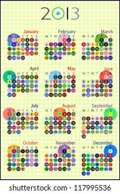 Calendar for 2013, with multicolored elements. Week starts on Monday. Space for text or logo. 3:2 aspect ratio.