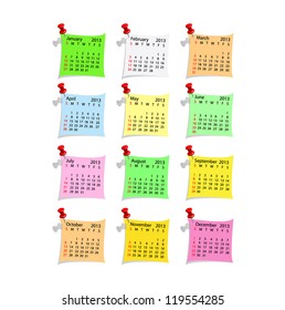 Calendar 2013  on  sticky notes with push pin, vector eps10 illustration