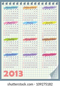 Calendar for 2013. Week starts on Sunday. Exercise book in a cage.