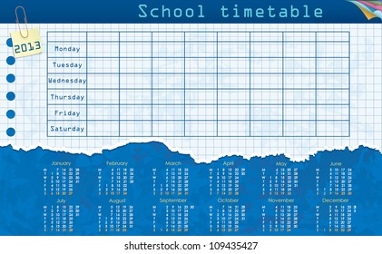 Calendar For 2013. Week Starts On Monday. Leaf In The Cage For The School Schedule. School Timetable