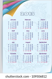 Calendar 2013. Week starts on Monday. Orientation days vertically. Figure butterflies, flowers and books. Colored paper twisted at an angle.