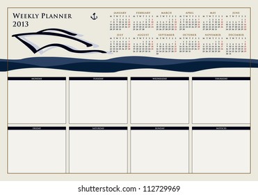 calendar for 2013, weekly planner, doodle, ship