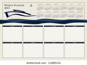 calendar for 2013, weekly planner, doodle, ship