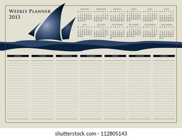 calendar for 2013, weekly planner, doodle, sail