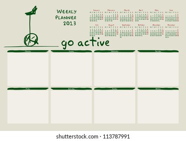 calendar for 2013, weekly planner, doodle, bicycle, green, eco