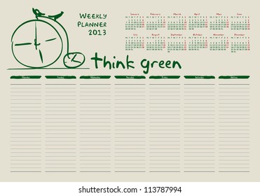 calendar for 2013, weekly planner, doodle, bicycle, green, eco