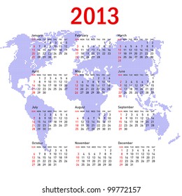 calendar 2013 with world map. Sundays first