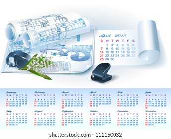 Calendar for 2013 year with colorful architectural design elements. Vector illustration