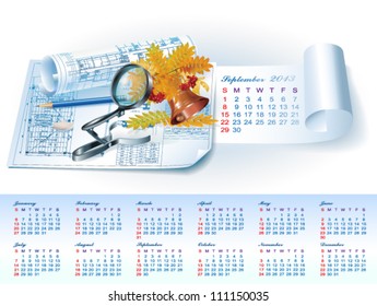 Calendar for 2013 year with colorful architectural design elements. Vector illustration