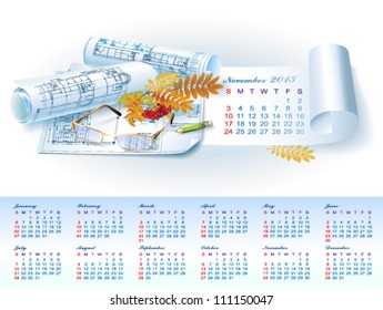 Calendar for 2013 year with colorful architectural design elements. Vector illustration