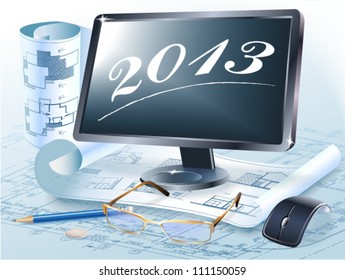Calendar for 2013 year with colorful architectural design elements. Vector illustration