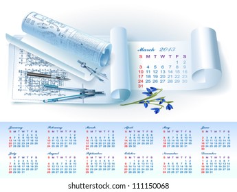 Calendar for 2013 year with colorful architectural design elements. Vector illustration
