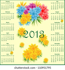 Calendar 2013 year decorated with colorful flowers. Raster version also available.