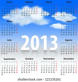 Calendar for 2013 year in Spanish with clouds in the blue sky. Mondays first. Vector illustration