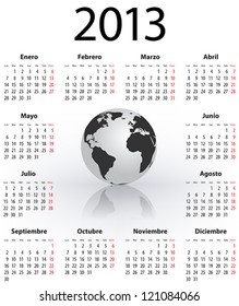 Calendar for 2013 year in Spanish with the world globe. Mondays first. Vector illustration