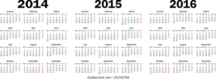 Calendar 2014, 2015, 2016 year. Triple. Week starts from monday. Vector illustration.