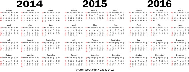 Calendar 2014, 2015, 2016 year. Triple. Week starts from monday. Vector illustration. (weeks starts from sunday #231765706)