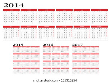 Calendar 2014 to 2017 in spanish