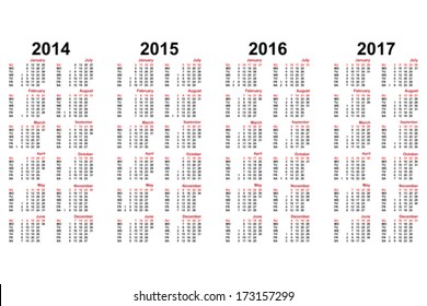 calendar from 2014 to 2017 years