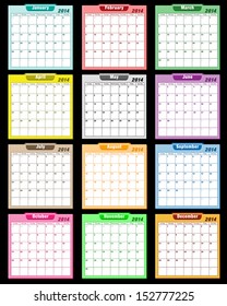 Calendar 2014 in assorted colors with large date boxes. Each month a different color. Raster also available.