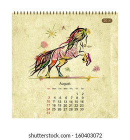 Calendar 2014, august. Art horses for your design