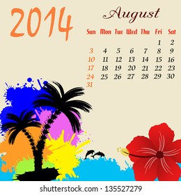 Calendar for 2014 August with palm trees and dolphins, vector illustration