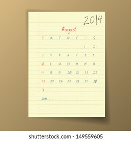 Calendar 2014 August in sketch style on notebook sheet. Vector illustration.