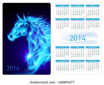 Calendar 2014 with beautiful blue fire horse image.